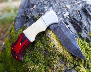 Premium Damascus Folding Knife – EDC Pocket Knife for Hunting and survival - Bone & Red Wood Handle - Comes with sheath